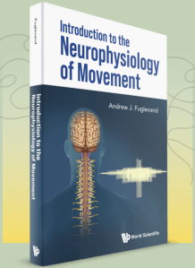 Cover of the textbook 'Introduction to the Neurophysiology of Movement' by Andrew J. Fuglevand, featuring a graphic illustration of a human figure with a brain and spinal cord, and sound wave patterns.